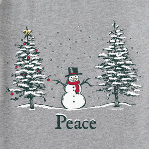 Life is Good. Men's Peace Trees Snowman Long Sleeve Crusher Tee, Heather Gray