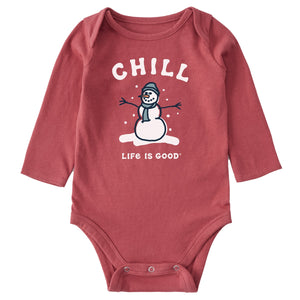 Life is Good. Chill Snowman LS Crusher Baby Bodysuit, Faded Red