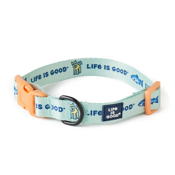 Life Is Good. Camping Icons Dog Collar, Sage Green