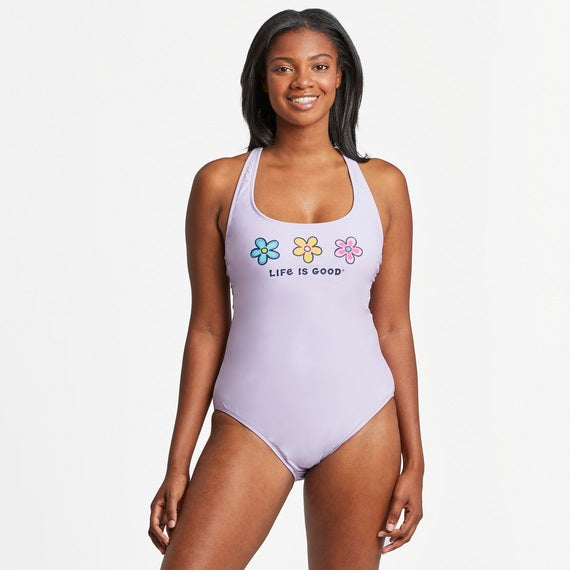 Life is Good. Women's Three Daisies Tie-Back Scoop One Piece Swimsuit, Lilac Purple