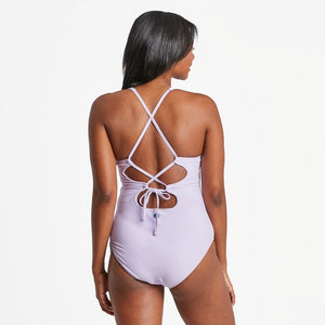 Life is Good. Women's Three Daisies Tie-Back Scoop One Piece Swimsuit, Lilac Purple