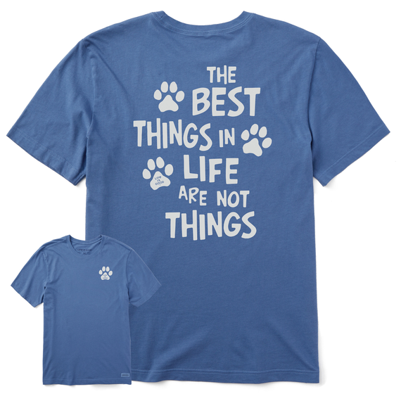 Life is Good. Men's Wordsmith Best Things in Life Paws Crusher Tee, Vintage Blue