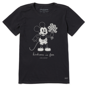 Life is Good. Women's Clean Steamboat Willie Kindness Bouquet Short Sleeve Crusher Tee, Jet Black