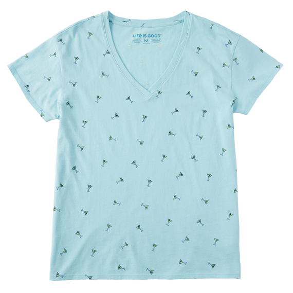 Life is Good. Women's Martini Ditsy Allover Pattern Vee-Neck T-Shirt, Beach Blue