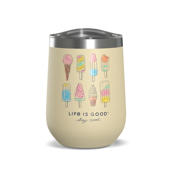 Life Is Good Watercolor Ice Cream & Popsicles Stainless Steel Wine Tumbler 12oz, Putty White
