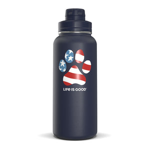 Life Is Good Americana Dog Paw Stainless Steel Water Bottle 32oz, Darkest Blue