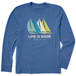 Life is Good. Men's Sailboats Newport RI Long Sleeve Crusher Tee, Vintage Blue