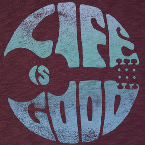 Life Is Good. Men's Guitar Circle Psychedelic Textured Slub Hoodie Tee, Mahogany Brown