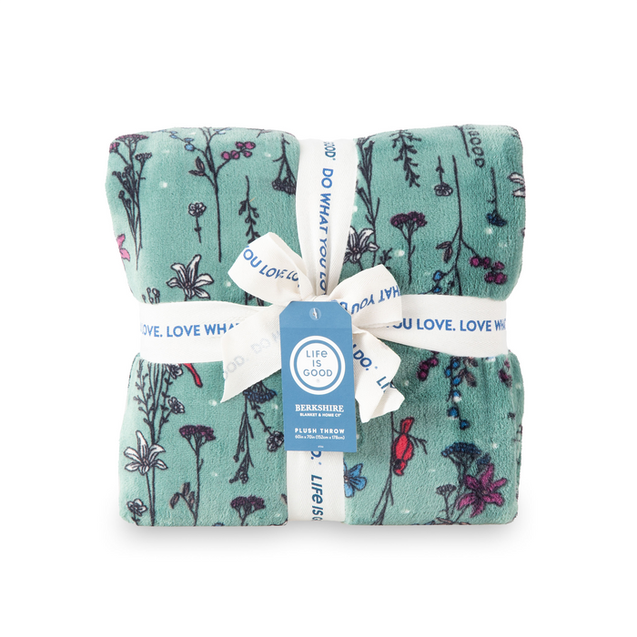 Life is Good. Cardinal Floral Plush Throw Blanket in Granite Green