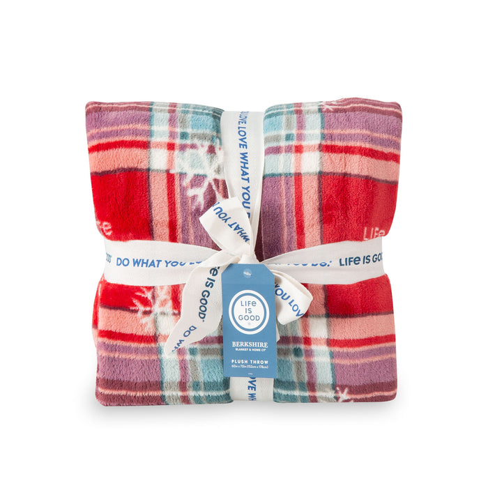 Life is Good. Snowflake Plaid Plush Throw Blanket, Adirondack Red