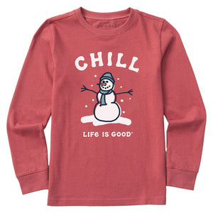 Life Is Good. Kids Chill Snowman LS Crusher Tee, Faded Red
