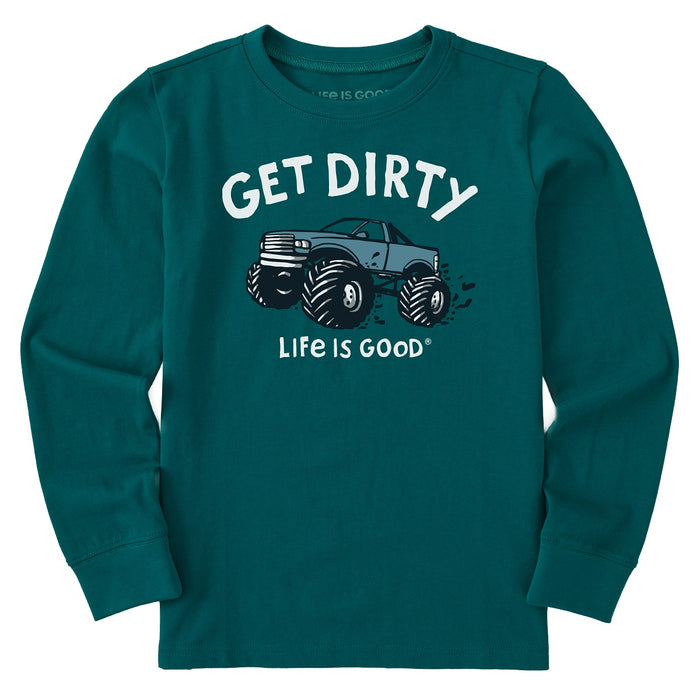 Life Is Good. Kids Get Dirty Truck Long Sleeve Crusher Tee, Mallard Green