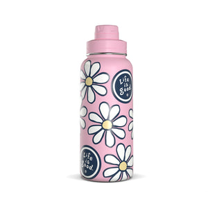 Life Is Good Vintage Daisy Stainless Steel Water Bottle 32oz, Seashell Pink