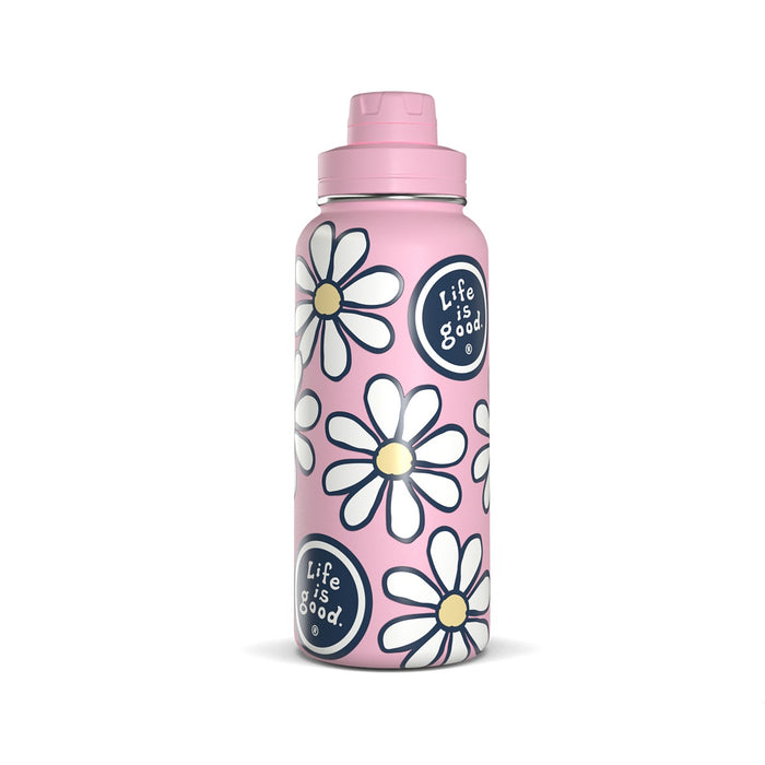 Life Is Good Vintage Daisy Stainless Steel Water Bottle 32oz, Seashell Pink
