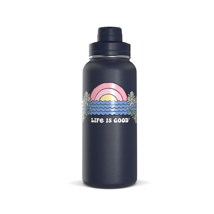 Life Is Good Sunset Daisies Stainless Steel Water Bottle 32oz, Navy Blue