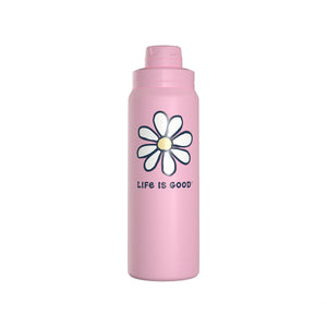 Life Is Good Vintage Daisy Stainless Steel Water Bottle 26oz, Seashell Pink