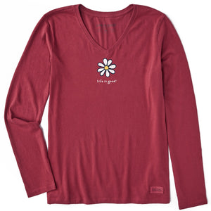 Life is Good. Women's Daisy Long Sleeve Crusher Vee, Cranberry Red