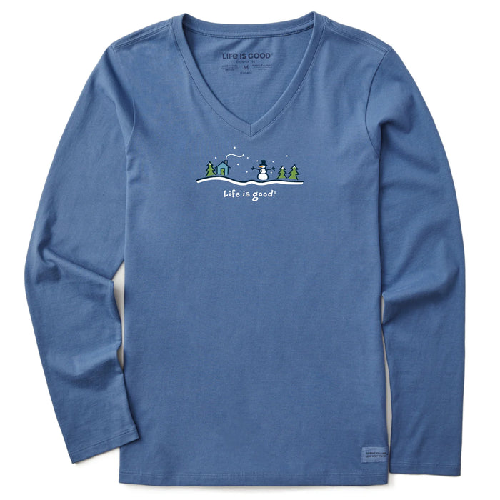 Life is Good. Women's Snowman Cabin Landscape Long Sleeve Crusher Vee, Vintage Blue
