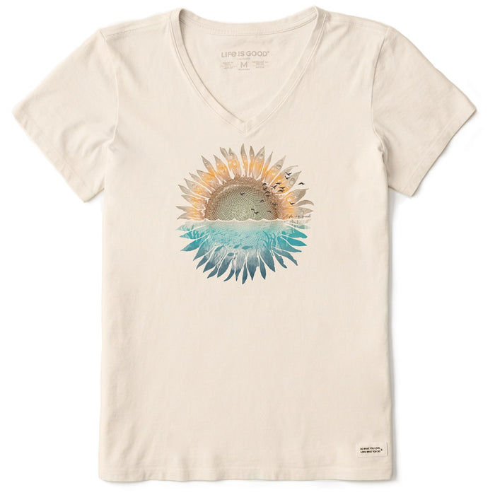 Life is Good. Women's Under Watercolor Sunflower SS Crusher Vee, Putty White