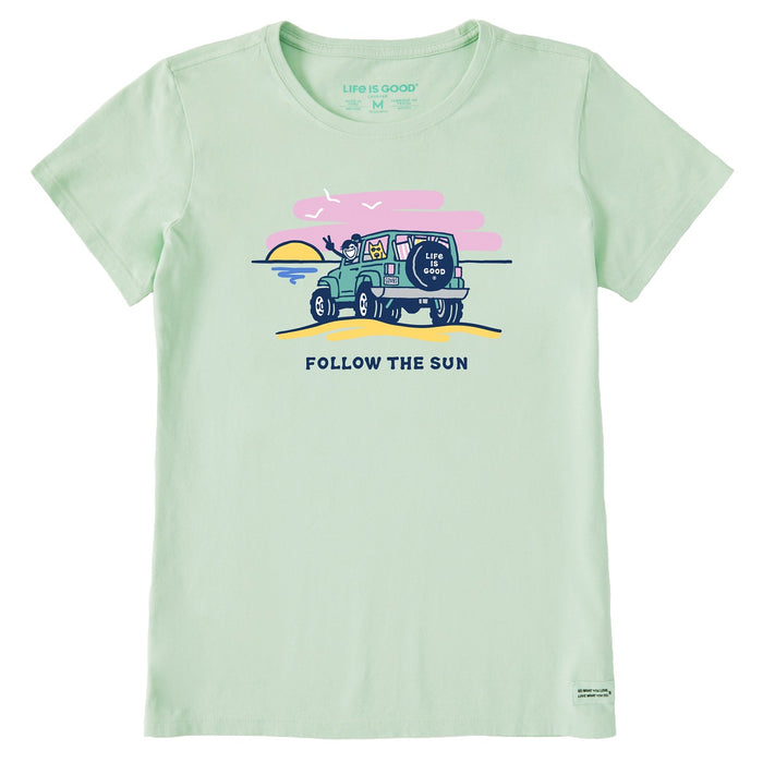 Life is Good. Women's Jackie and Rocket Follow The Sun 4x4 Short Sleeve Crusher Tee, Sage Green