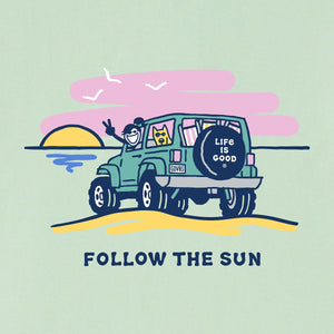 Life is Good. Women's Jackie and Rocket Follow The Sun 4x4 Short Sleeve Crusher Tee, Sage Green