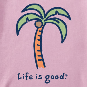 Life is Good. Women's Palm Tree Short Sleeve Crusher Tee, Violet Purple