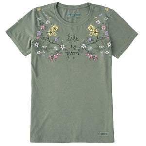 Life is Good. Women's Woodland Florals Short Sleeve Crusher Tee, Moss Green