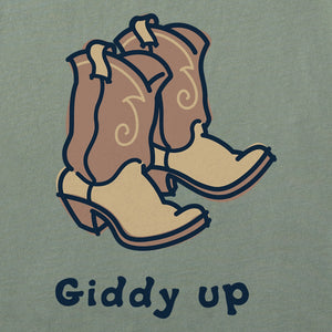 Life is Good. Women's Giddy Up Cowboy Boots Short Sleeve Crusher Tee, Moss Green