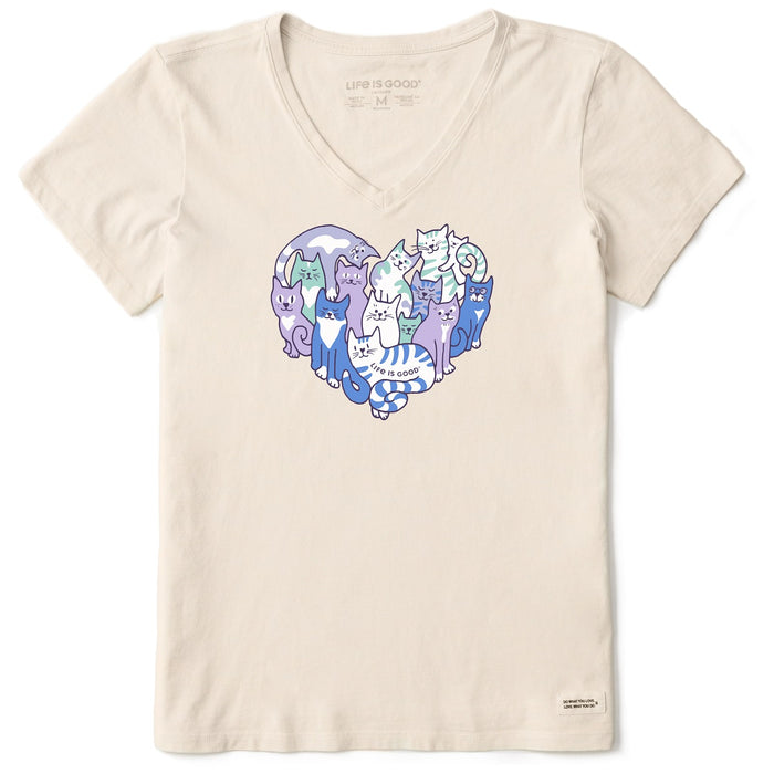 Life is Good. Women's Heart of Cats Short Sleeve Crusher Vee, Putty White