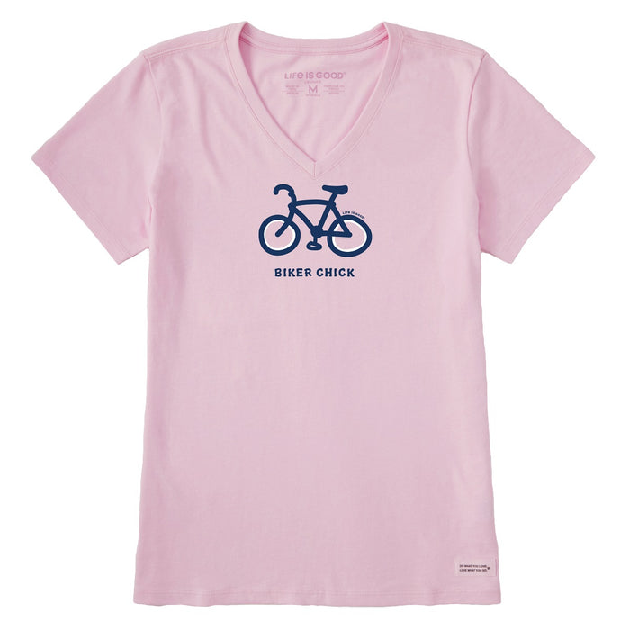 Life is Good. Women's Biker Chick Short Sleeve Crusher Vee, Seashell Pink