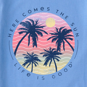 Life is Good. Women's Here Comes the Sun Palms Short Sleeve Crusher Lite Tee, Cornflower Blue