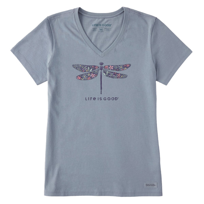 Life is Good. Women's Wildflower Dragonfly Watercolor Short Sleeve Crusher Lite Vee, Stone Blue