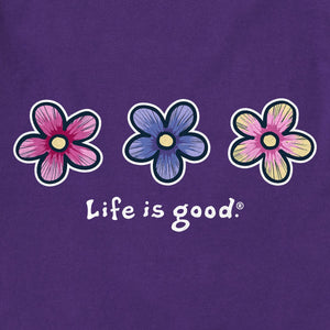 Life is Good. Women's Tie Dye Spatter Three Daisies Short Sleeve Crusher Lite Vee, Deep Purple