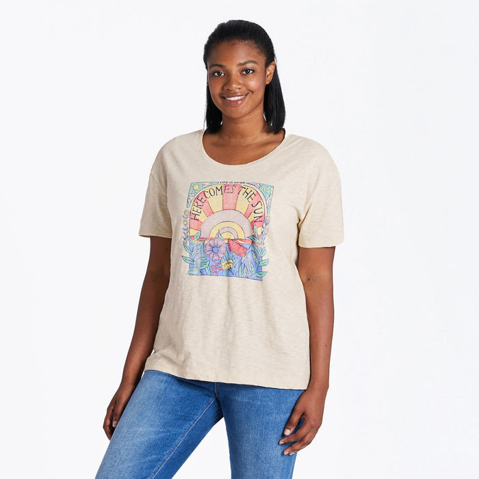 Life Is Good. Women's Here Comes The Sun Hippie SS Relaxed Sleep Tee, Putty White