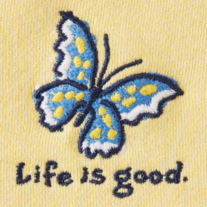 Life is Good Women's Flutterby Butterfly Simply True Fleece Hooded Tee, Sandy Yellow