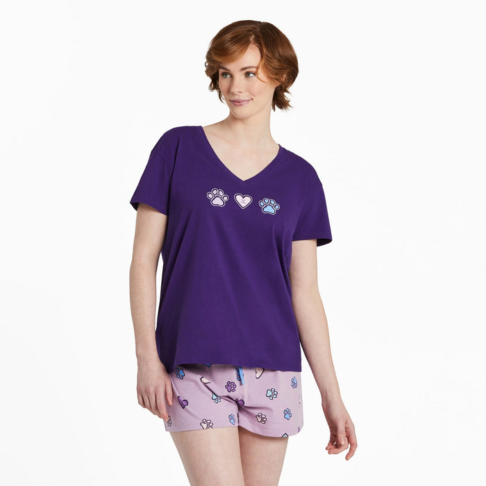 Life Is Good. Women's Hearts and Paws SS Relaxed Sleep Vee, Deep Purple