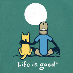 Life is Good. Men's Jake and Rocket Moon Vintage Short Sleeve Crusher Tee, Spruce Green