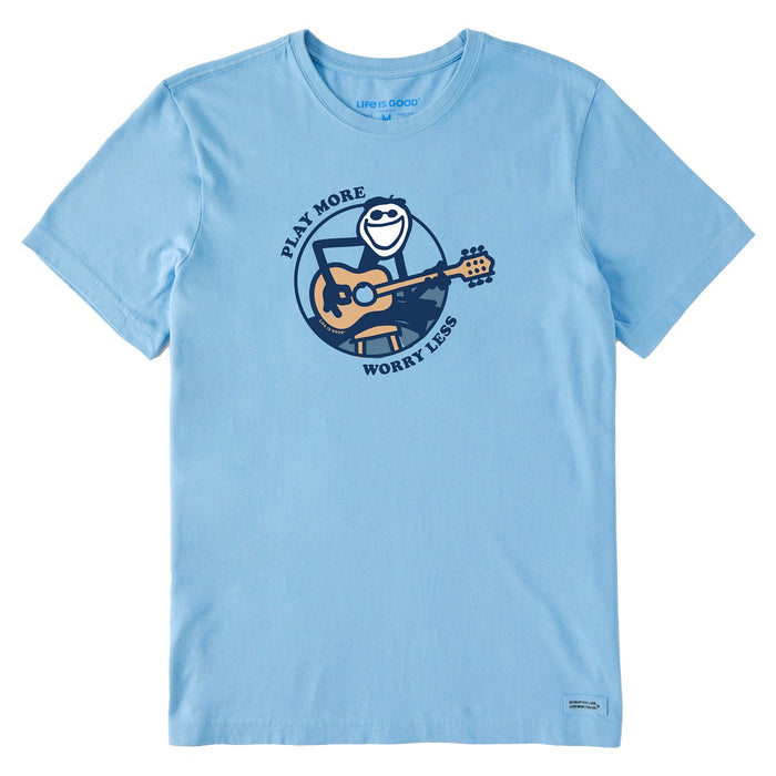Life is Good. Men's Play More Worry Less Jake Guitar Short Sleeve Crusher Tee, Cool Blue