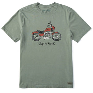 Life is Good. Men's Quirky Motorcycle Short Sleeve Crusher Lite Tee, Moss Green