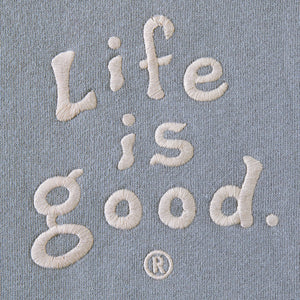 Life is Good. Men's LIG Vintage Wordmark Stacked Simply True Fleece Hoodie, Stone Blue