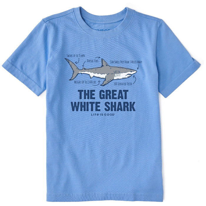 Life Is Good. Kids The Great White Shark Short Sleeve Crusher Tee, Cornflower Blue