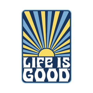 Life is Good. Retro Sunburst Small Die Cut Sticker, Cornflower Blue