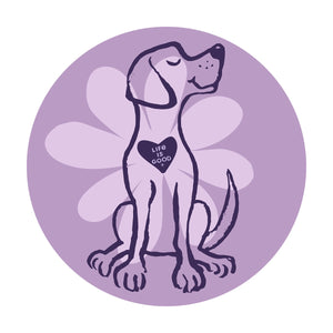 Life is Good. 4" Circle Sticker Spring Daisy Dog, Violet Purple