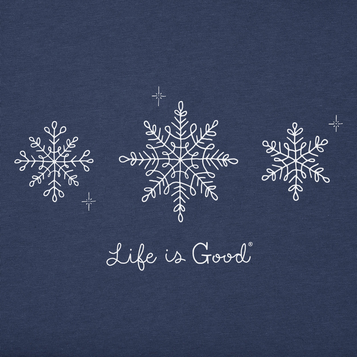 Life Is Good. Women's Three Doodle Snowflakes Long Sleeve Crusher Vee, Darkest Blue (Large)