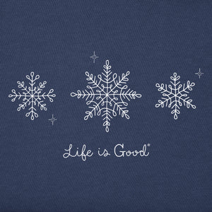 Life is Good. Women's Three Doodle Snowflakes Long Sleeve Crusher Vee, Darkest Blue