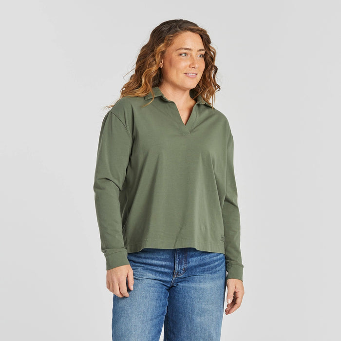 Life is Good Women's Solid Crusher-FLEX Collared Pullover Tee, Dark Moss Green