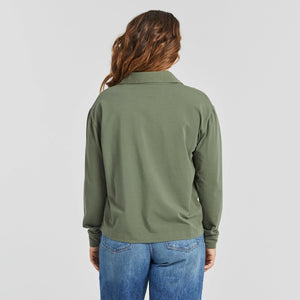 Life is Good Women's Solid Crusher-FLEX Collared Pullover Tee, Dark Moss Green