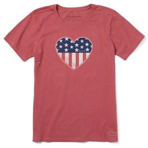 Life is Good. Women's Star Spangled Heart Short Sleeve Crusher Tee, Faded Red