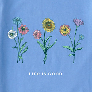 Life is Good. Women's Botanical Flowers Long Sleeve Crusher Vee, Cornflower Blue