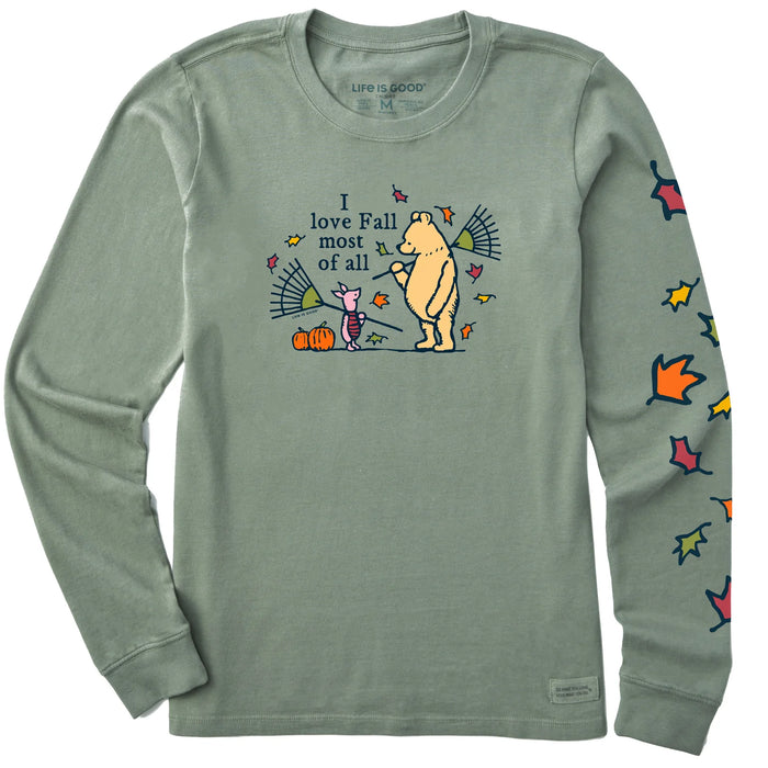Life is Good. Women's Winnie I love Fall Most of All Long Sleeve Crusher Tee, Moss Green
